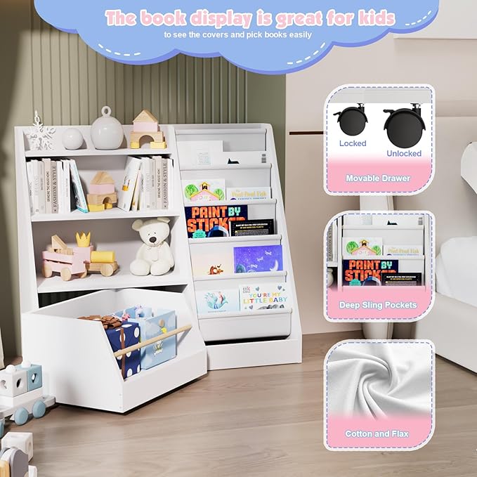 HedoAjim Kids Bookshelf with Toy Storage Organizer Movable Drawer, Toddler Bookcase 5 Sling Child Book Rack 4-Tier Shelf Cabinet Chest with Wheels for Nursery,Playroom,Bedroom,Living Room,Classroom