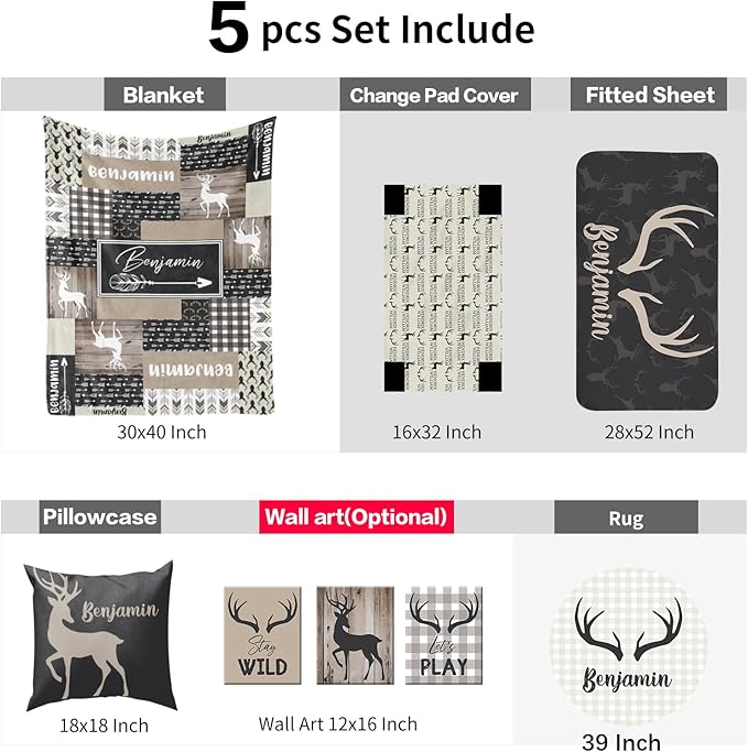 Custom Baby Bedding Set: Personalized Grey Deer Bedding Baby Blanket Fitted Sheet Changing Cover Nursery Rug Room Decor Gift Idea