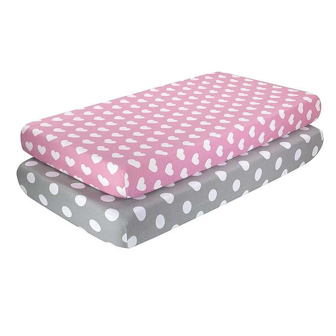 2 Pack Fitted Crib Sheets for Girls in 100% Jersey Knit Cotton – Baby Girl Crib Mattress Sheets in Pink and Purple Heart and Polka Dot Designs by Everyday Kids; Sweet Baby Girl Nursery Theme