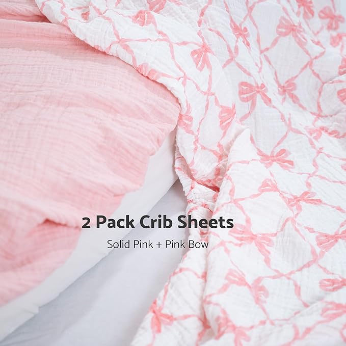LollyBanks Muslin Crib Sheets 2 Pack, Soft and Breathable 100% Cotton Crib Fitted Sheets for Girls, Cozy and Snug Baby Sheet for Standard 52"x28" Mattress, Registry (Pink Bow and Solid Pink)