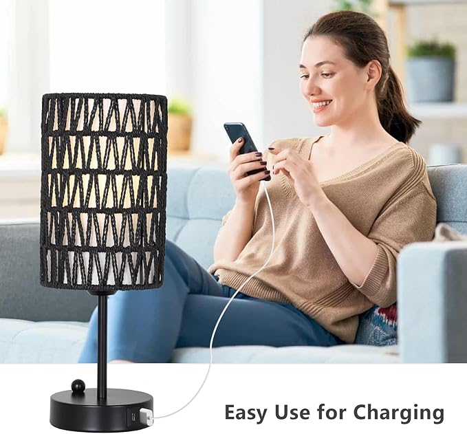 Eayaya Black Bedside Lamps Set of 2, Touch Control Night Stand Lamp for Bedroom with Rattan & Linen Shade & Bulbs, 3 Way Dimmable Small Boho Table Lamps with USB Charging Port & Phone Stand