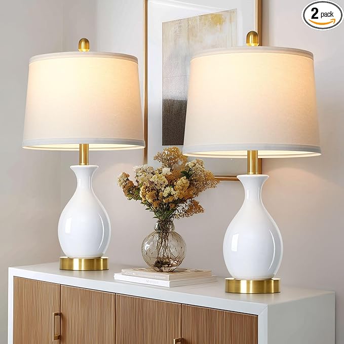 luxeflow 24" White Ceramic Table Lamps Set of 2 for Bedroom, Modern Classic Bedside Lamps for Nightstand, Small Table Lamp for Living Room Side Table (2 LED Bulbs Included)