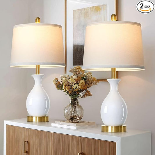 luxeflow 24" White Ceramic Table Lamps Set of 2 for Bedroom, Modern Classic Bedside Lamps for Nightstand, Small Table Lamp for Living Room Side Table (2 LED Bulbs Included)
