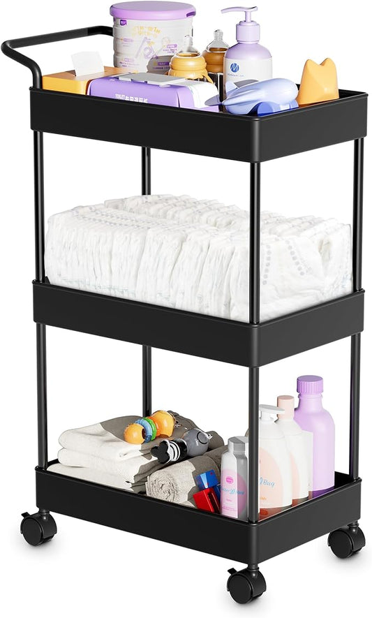 Volnamal Baby Diaper Caddy – Plastic Diaper Organizer for Nursery Essentials, Movable Cart for Changing Table & Crib, Easy to Assemble, Black