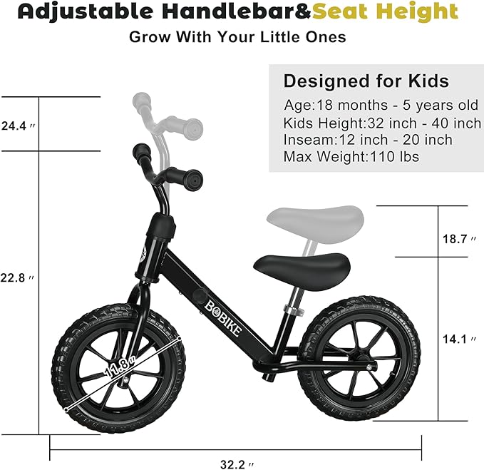 Bobike Toddler Balance Bike Toys for 2 to 5 Year Old Girls Boys Adjustable Seat and Handlebar No-Pedal Training Bike Best Gifts for Kids