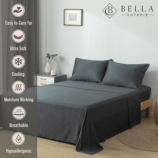 Bella Coterie Luxury Bamboo Viscose King Size Flat Sheet | 100% Organically Grown | Ultra Soft | Cooling for Hot Sleepers [Charcoal Grey]