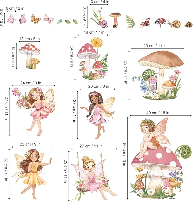 decalmile Pink Fairy Girls Wall Decals Large Mushroom Flower Butterfly Wall Stickers Girls Bedroom Baby Nursery Kids Room Wall Decor