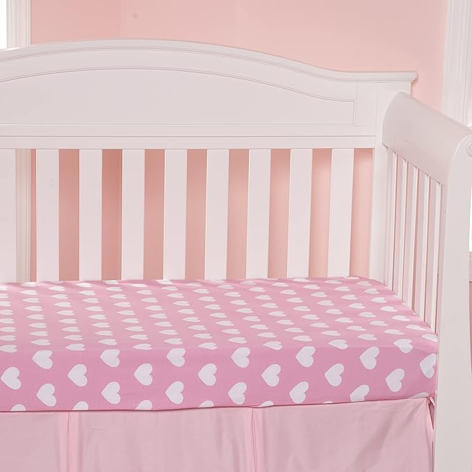 2 Pack Fitted Crib Sheets for Girls in 100% Jersey Knit Cotton – Baby Girl Crib Mattress Sheets in Pink and Purple Heart and Polka Dot Designs by Everyday Kids; Sweet Baby Girl Nursery Theme