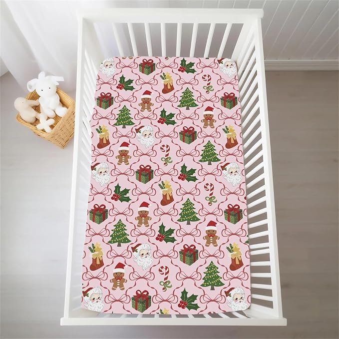 Pink Santa Christmas Bows Baby Crib Sheets for Boy Girl Retro Christmas Trees Stockings Fir Gifts Soft Snug Fitted Crib Mattress Covers for 52x28 Standard Crib & Toddler Mattress Winter Baby Sheets