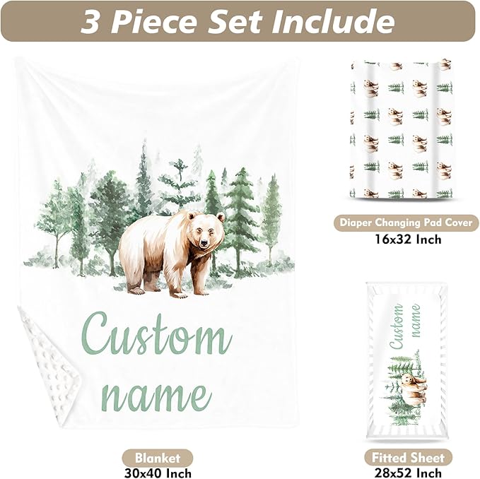 Custom Name Crib Bedding Set 3-Piece – Brown Bear Design Baby Bedding Set with Personalized Soft Blanket, Fitted Sheet, Changing Pad Cover – Ideal Newborn Gift for Boys and Girls