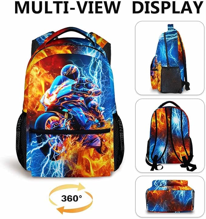CustomWish Backpack for Boys, Motorcycle Backpack for Kids Teens, Durable School Supplies for Kindergarten Primary Middle Senior, 17 Inch Cool Car Bookbag for School Travel Work