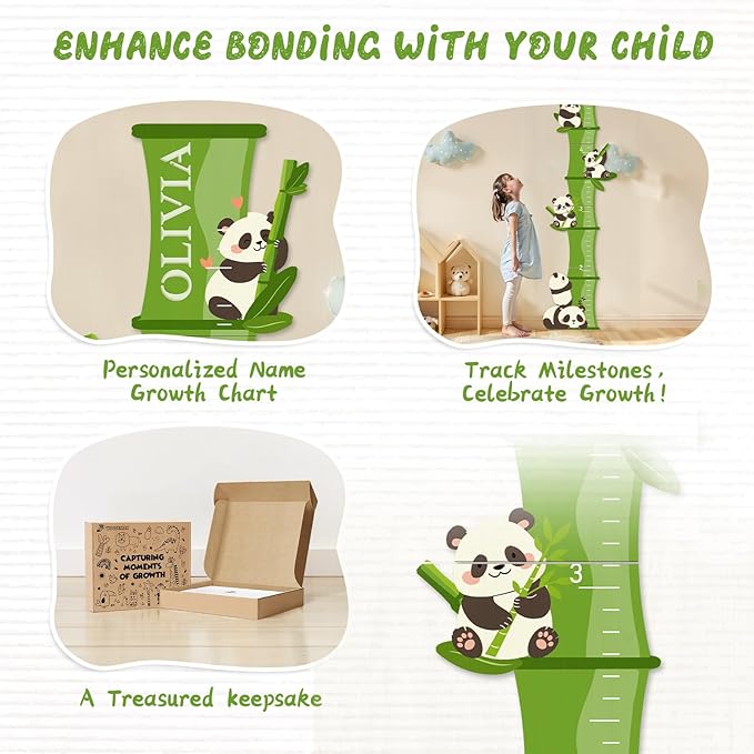 Woodemon Personalized Name Growth Chart, Bamboo Panda Wooden Height Chart, Thick Height Measuring Board, Kids Height Tracker for Nursery Decor, Baby Boy Girl Measurement Ruler