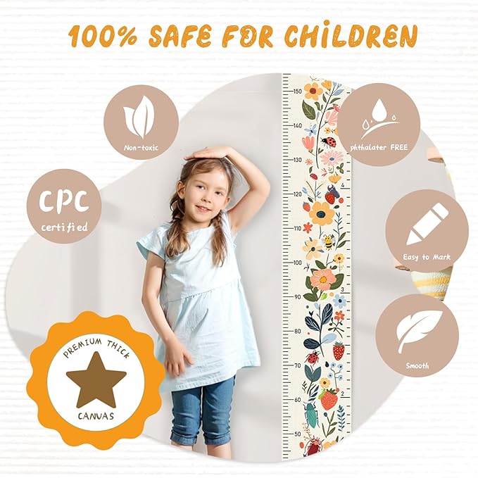 Woodemon Personalized Name Growth Chart for Kids, Flower Canvas Height Chart Ruler Removable Hanging Wall Ruler Measurement Chart for Home Decoration, Waterproof Measuring Board, Foldable