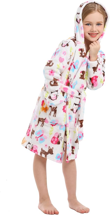 Toddler Robes Cute Pattern Bathrobe Unisex Kids Robe Baby Flannel Hoodie Pajamas Sleepwear