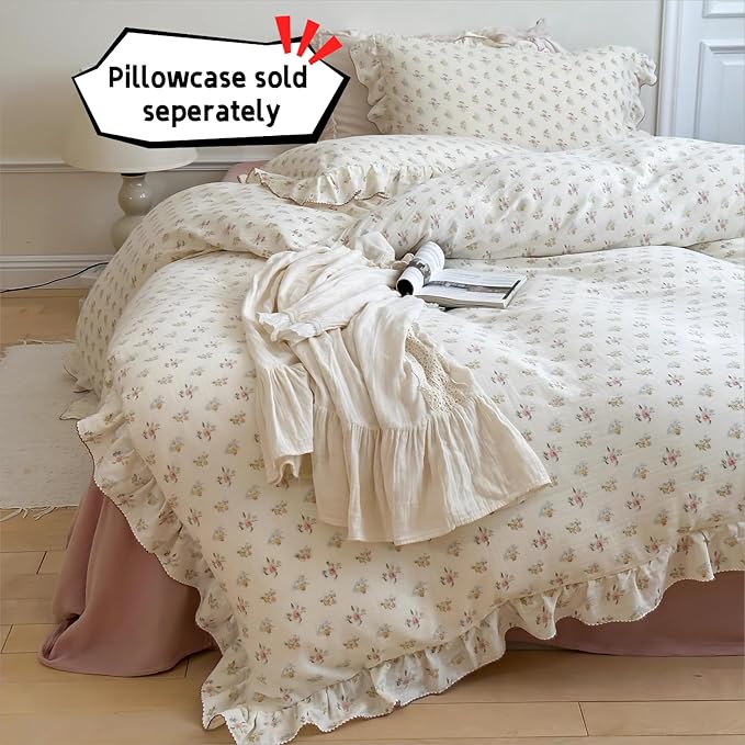 BuLuTu 100% Cotton Muslin Duvet Cover Twin for Kids Girls Boys, Shabby Chic Azalea Floral Duvet Covers Vintage Farmhouse Comforter/Quilt Cover with Ruffles, 68"x86", Zipper Closure, No Pillow