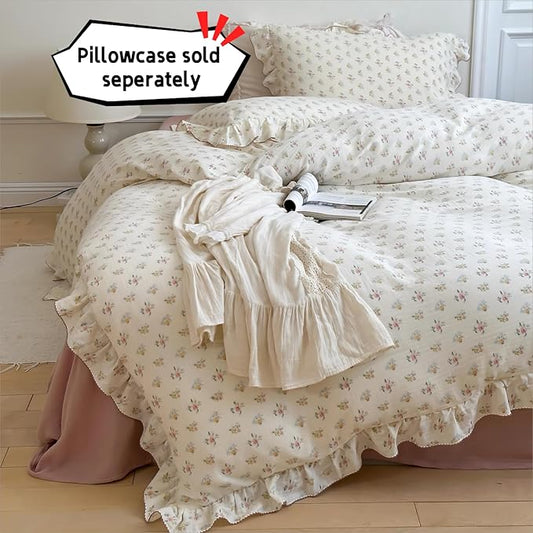 BuLuTu 100% Cotton Muslin Duvet Cover Twin for Kids Girls Boys, Shabby Chic Azalea Floral Duvet Covers Vintage Farmhouse Comforter/Quilt Cover with Ruffles, 68"x86", Zipper Closure, No Pillow