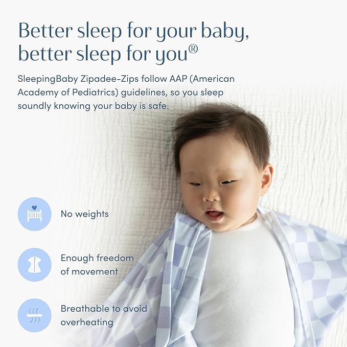 SleepingBaby Zipadee-Zip Transition Swaddle - Cozy Baby Swaddle Blanket with Zipper Convenience - Roomy Wearable Blanket for Easy Diaper Changes - Lavender Check, Small (4-8 Month)