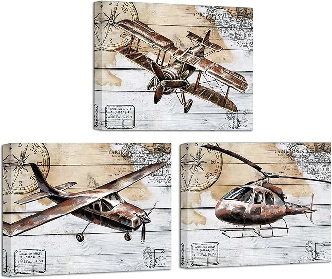 KLVOS Airplane Canvas Wall Art Retro Biplane Propeller Plane Helicopter Picture on Wood Texure Giclee Print Artwork Stretched and Framed Aircraft for Kids Boy Room Wall Decor 12x16inchx3pcs