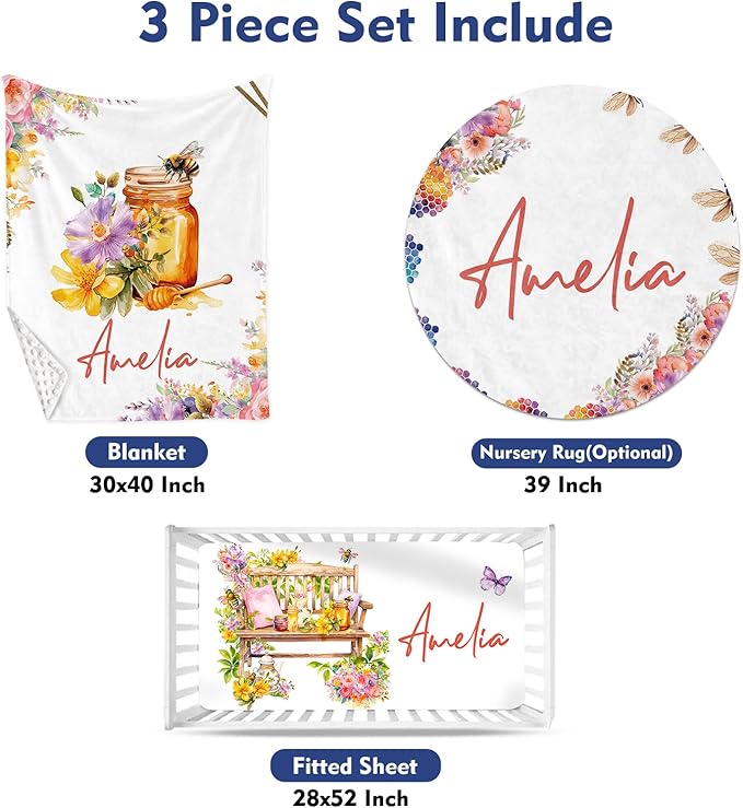 Custom Baby Crib Bedding Set, Personalized Name Colorful Bee Design Crib Set 3 Pcs, Soft Double Layer Blanket, Crib Sheet & Room Rug, Ideal Nursery Decor Gift for Baby Girls Boys