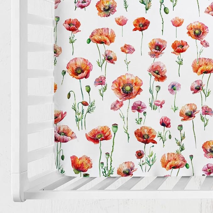 Watercolor Poppy Floral Baby Crib Sheets 52''x28'' Red Poppy Flowers Snug Fitted Crib Mattress Cover for Boy Girl Wild Floral Soft Baby Nursery Bed Sheets for Standard Crib and Toddler Mattresses