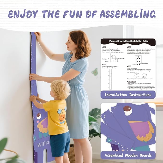 Woodemon Personalized Name Growth Chart for Kids, Elephant Patchwork Wooden Height Chart for Wall Decor, Custom Height Ruler, Baby Boy Girl Measurement Ruler for Bedroom Playroom, Easy to Mark