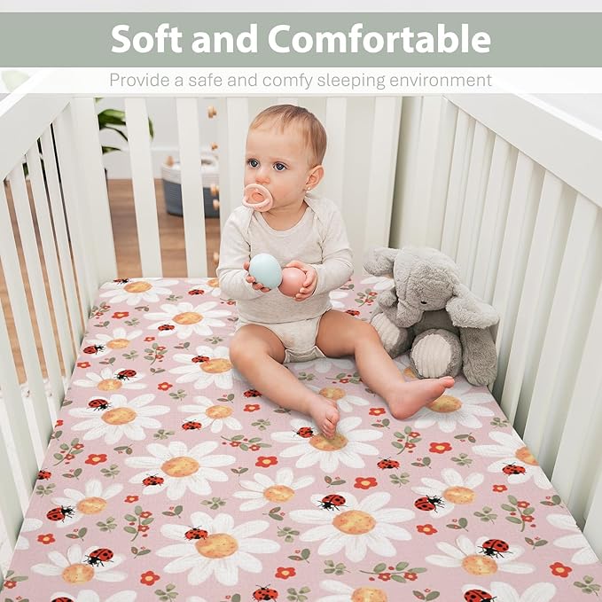 Spring Daisy Floral Baby Crib Sheets for Boy Girl 52x28Inch Boho Wildflower Leaves Soft Stretchy Fitted Crib Mattress Covers Greenery Nursery Baby Sheet for Crib and Toddler Bed Mattresses