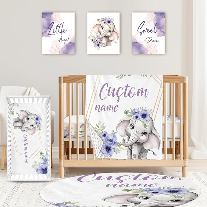 Custom Baby Crib Bedding Set,Personalized Name Purple Flower Elephant Nursery Bed Set 4 Piece,Baby Blanket Fitted Sheet Nursery Rug Wall Art Set,Custom Room Decor Idea Gift for Newborns Boys Girls