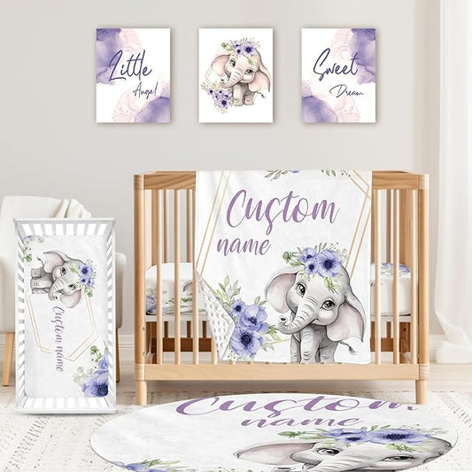 Custom Baby Crib Bedding Set,Personalized Name Purple Flower Elephant Nursery Bed Set 4 Piece,Baby Blanket Fitted Sheet Nursery Rug Wall Art Set,Custom Room Decor Idea Gift for Newborns Boys Girls