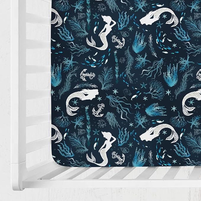 Undersea Mermaids Baby Crib Sheet 52''x28'' Ocean Sea Animal Fish Starfish Corals Anchor Stretchy Fitted Crib Mattress Cover for Boy Girl Nautical Soft Bed Sheets for Standard Crib Toddler Mattress