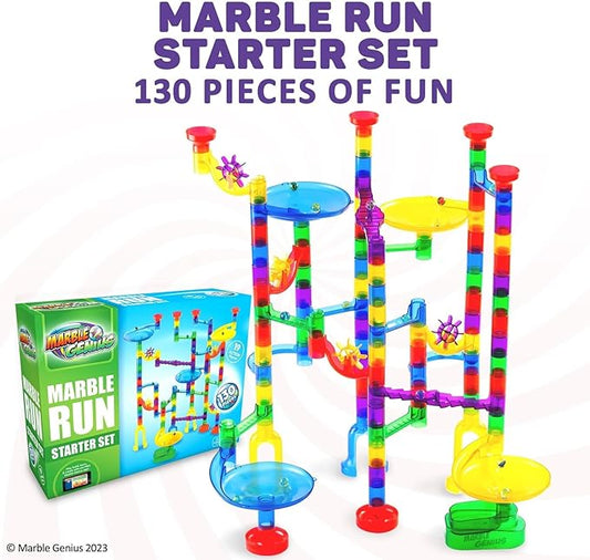 Marble Genius Marble Run Starter Set, STEM Toys & Maze Construction Building - 130 Translucent Track Pieces & Glass Marbles for Family, Kids Toddlers Ages 4-8 - Fun Holiday Gifts
