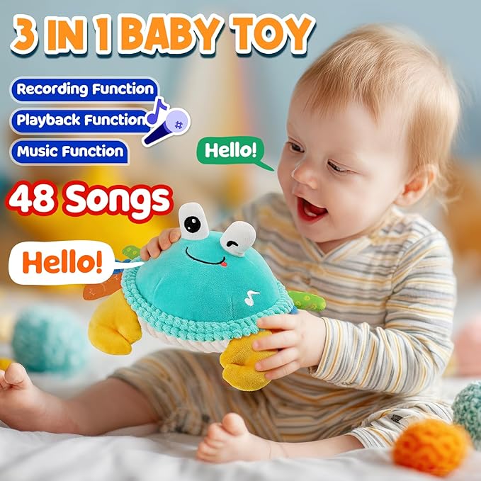 FUNZBO Baby Toys 12 18 Months - 3 in 1 Musical Dancing Crawling Crab Baby Plush Toy, Interactive Infant Tummy Time Toys with 50 Songs & Recording Feature, Christmas Birthday Gifts for Age 1-3 Toddler