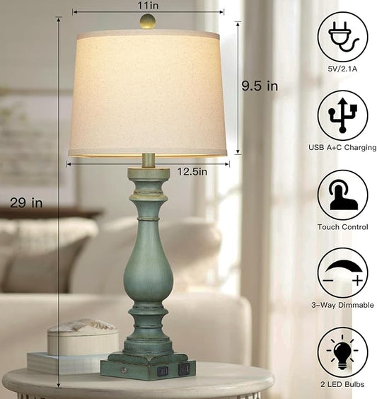 Cinkeda 29" Tall Table Lamp for Living Room Set of 2,Vintage Bedside Nightstand Lamps with USB C+A Ports & AC Outlet,3-Way Dimmable Touch Control Retro Green Desk Lamp for Bedroom,Color 4