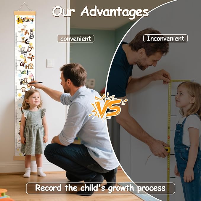 Personalized Name Baby Height Growth Chart Wall, Alphabet and Animal Canvas Growth Chart for Wall Removable, Waterproof Growth Ruler for Wall Toddler Wall Decor