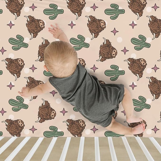 Western Highland Cows Baby Crib Sheets for Boy Girl 52x28Inch Boho Cows Cactus Stars Soft Snug Fitted Crib Mattress Covers Country Farm Animals Baby Sheet for Standard Crib & Toddler Bed Mattress