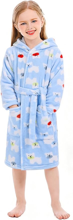 Toddler Robes Cute Pattern Bathrobe Unisex Kids Robe Baby Flannel Hoodie Pajamas Sleepwear