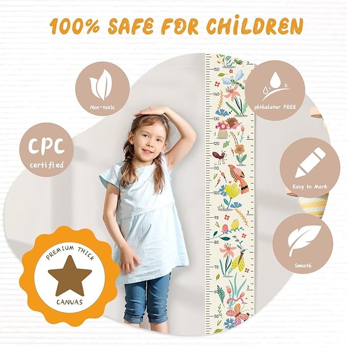 Woodemon Personalized Name Growth Chart for Wall, Flower Birds Canvas Height Chart for Kids Baby Child Toddler Boys Girls, Canvas&Wood Growth Chart for Wall Room Nursery Decor,Easy Care