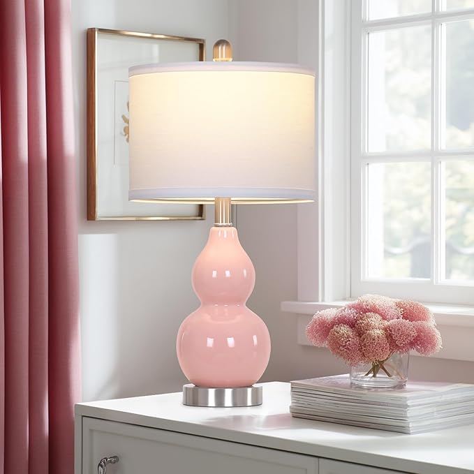 luxeflow 22" Double Gourd Ceramic Table Lamps Set of 2, Pink Modern Bedside Lamps for Living Room, Contemporary Nightstand Desk Lamps for Bedroom End Table Home Office Decor(2 LED Bulbs Included)