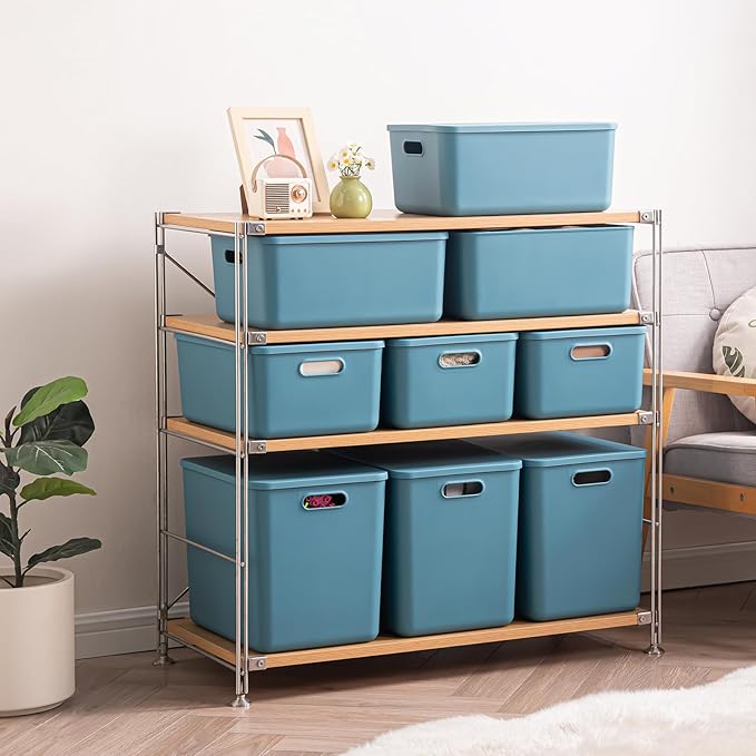 GUMEIGODA Plastic Storage Bins with lids,Storage Baskets,Container with handle,Storage Organizer Bins for Shelves,Office,Bedrooms,Closets, Cabinets(Blue, 4XL)
