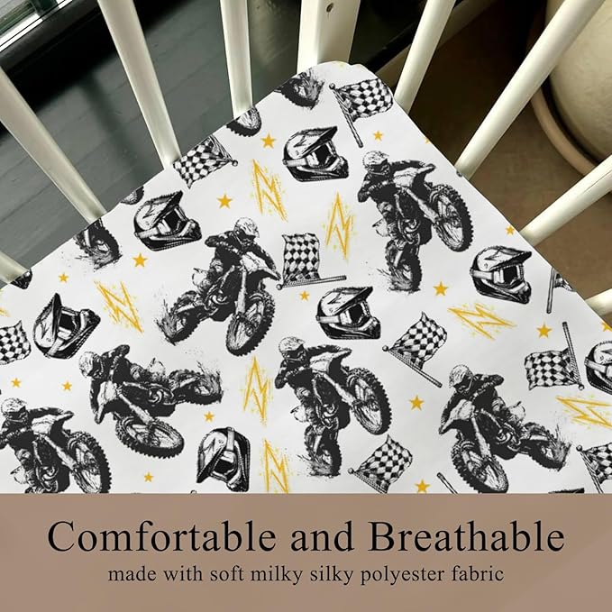 Watercolor Motorcross Bike Helmets Black Baby Crib Sheet for Boys & Girls 52x28Inch Race Motor Checkered Flag Baby Sheet for Standard Crib and Toddler Race Bed Sheet Motor One Size