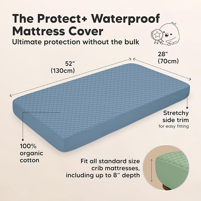 2-Pack Waterproof Crib Mattress Protector Cover Fitted - Quiet Baby Crib Mattress Pad Sheets, 52" x 28" Soft Quilted Cotton Baby Sheet, Machine Washable, Easy Fit, Durable (Lagoon/Quin)