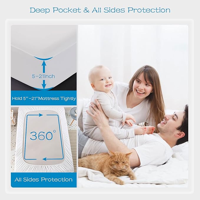 GRT 1 Pack 100% Waterproof Mattress Protector Queen Size, Breathable & Noiseless Waterproof Mattress Cover Fitted Deep Pocket from 5" to 21", Smooth Washable Queen Bed Protector - Vinyl Free