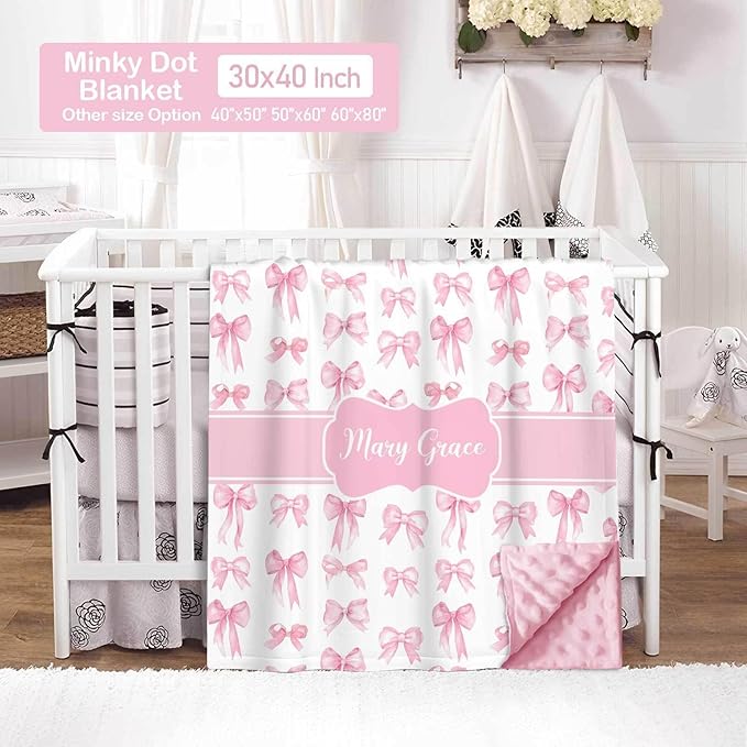 Personalized Baby Crib Bedding Set – Custom Name 4 Pcs Pink Bow Nursery Set with Minky Blanket, Fitted Sheet, Pad Cover & Rug, Soft Bedding for Girls, Ideal Shower Gift for Baby, New Parents