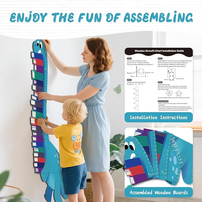 Woodemon Personalized Name Growth Chart for Wall, Dinosaur Book Wooden Growth Chart Kids Height Chart,Growth Ruler for Toddler Playroom Decor 62.4" x 15.5"