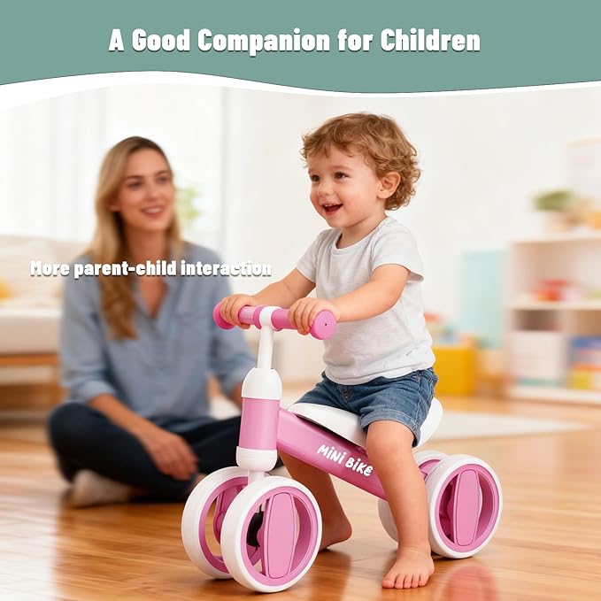 SIMATE Balance Bike Toys for 1 Year Old Boys Girls, 12-24 Month Toddler Ride on Toys, 4 Silent Wheels & Soft Seat, First Birthday Gifts for Baby Girls Boys