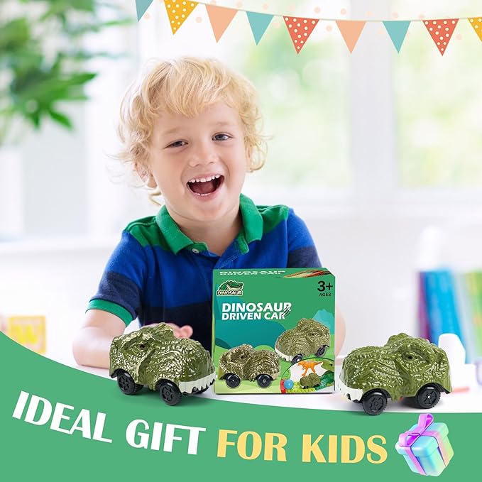 BEMITON Pack of 2 Dinosaur Car Toy - Birthday Gifts for 3 4 5 6 7 Year Old Boys Kids, Replacement Track Car with LED Light Up - Dino Accessories Compatible with Race Track Building Kits
