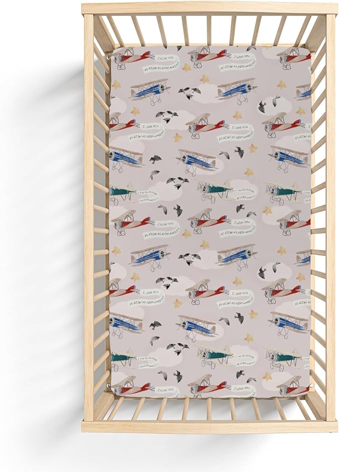 Vintage Planes Birds Sky Baby Crib Sheets for Boy Girl 28"x52" Retro Flying Airplanes Soft Stretchy Fitted Crib Mattress Covers Aircraft Travel Baby Sheets for Standard Crib & Toddler Mattress Pad