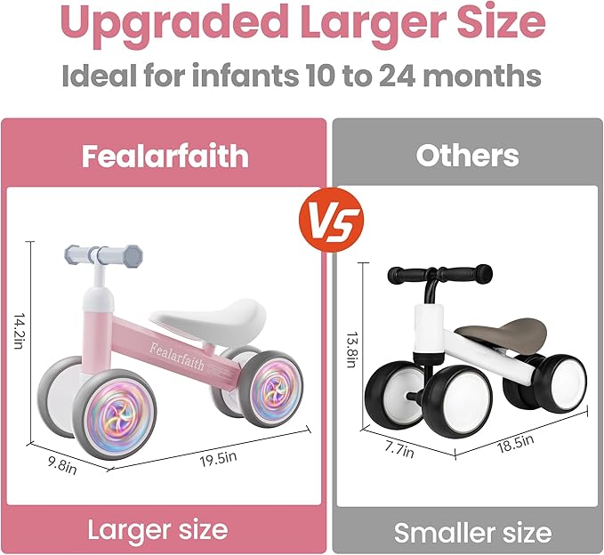 Baby Balance Bike for 1 Year Old Boys Girls, Toddler First Bike with 4 Colorful Lighting Wheels | 12-24 Month Toddler Balance Bike | First Birthday Gifts (Baby Pink)