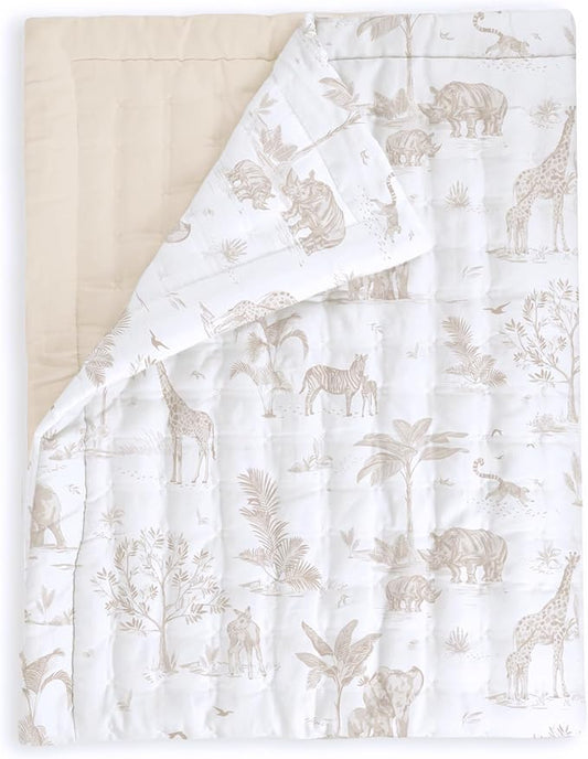 MakeMake Organics Organic Twin Comforter GOTS Certified Organic Kids Blanket Cotton Infill Tufted - Reversible Ultra Soft Breathable Boys Girls (68"x88", Safari + Solid Oat)