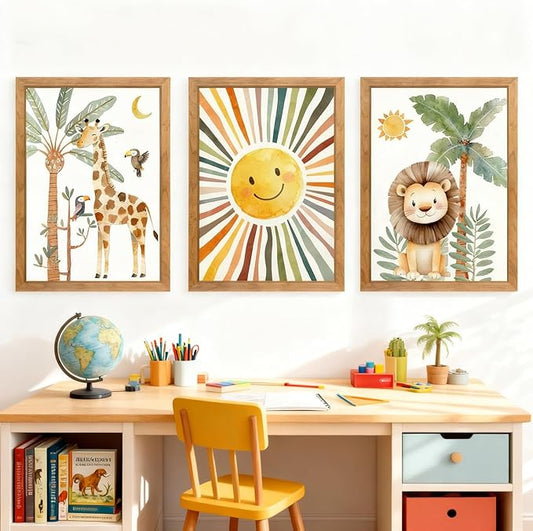 Cute Sun Lion Giraffe Quote Framed Wall Art Set of 4, 11x16 Boho Educational Animal Wall Sign for Baby Girl Kid Boy Toddlers, Wooden Inspirational Nursery Wall Decor Natural