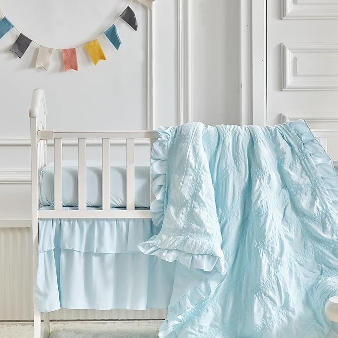 Ruffled Crib Bedding Set Baby Boho Quilted Comforter with Fitted Sheet and Bed Skirt - Cute Soft Breathable Seersucker Ruffled Shabby Chic Bedding Soft Blanket Design - Blue